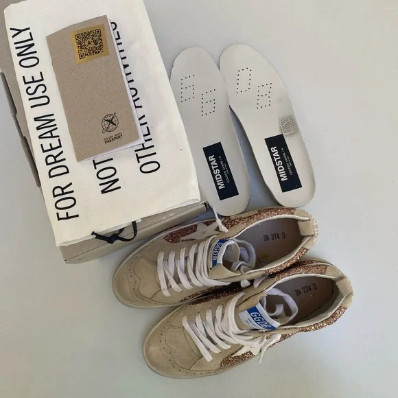 Golden Goose Mid Star Sneaker Rose Gold Glitter/Beige Leather/Suede 39 New Box - Picture 7 of 15